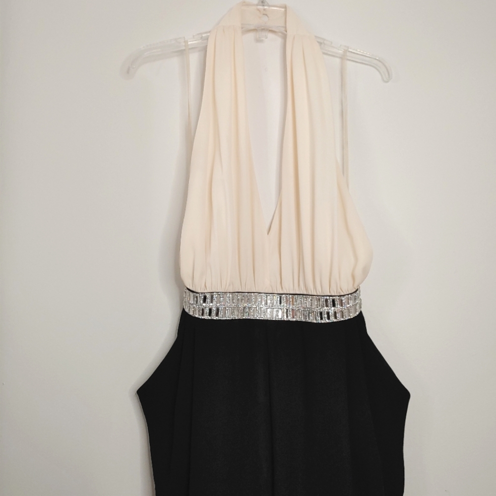 Line Up Y2k black & cream rhinestone halter jumpsuit. Size L